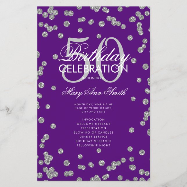 50th Birthday Program Silver Glitter Menu Purple  (Front)