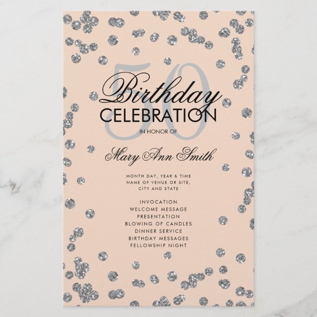 50th Birthday Program Silver Glitter w/ Menu Blush Flyer (Front)