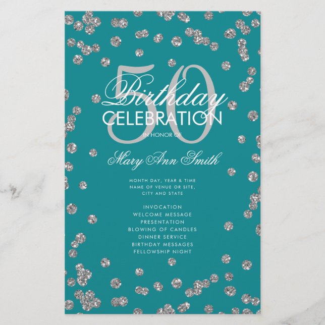 50th Birthday Program Silver Glitter w/ Menu Teal  Flyer (Front)