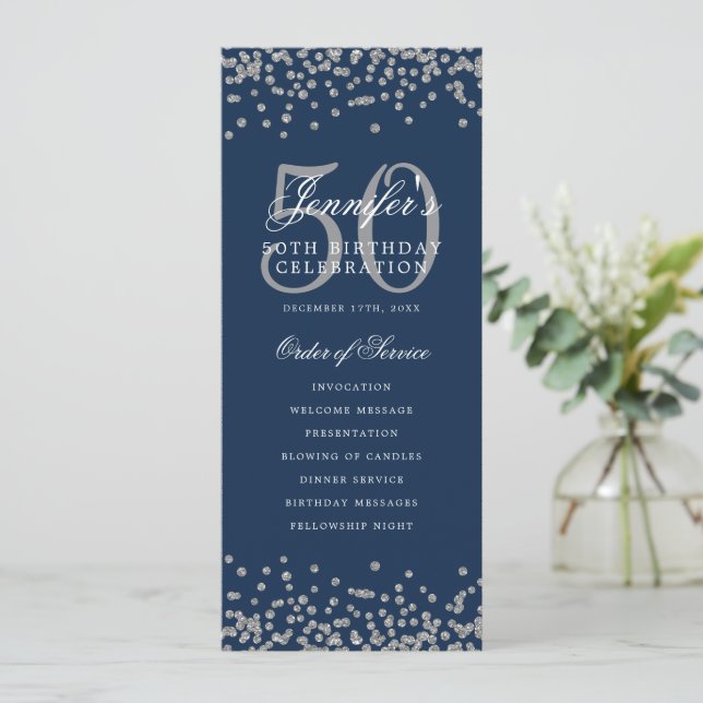 50th Birthday Program Silver Menu Navy Blue  (Standing Front)
