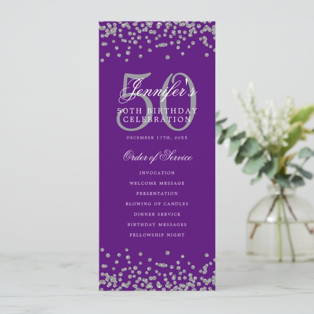 50th Birthday Program Silver Purple Confetti (Standing Front)