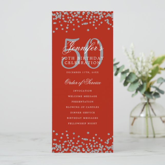 50th Birthday Program Silver Red Confetti (Standing Front)