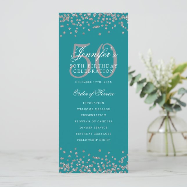 50th Birthday Program Silver Turquoise Confetti (Standing Front)
