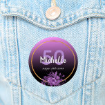50th birthday purple and black gradient with gold button<br><div class="desc">Glamorous button for a 50th birthday with elegant and modern black and pink, purple gradient, ombre backdrop. With a faux gold frame, and ultra violet and purple colored watercolored flowers. Templates for name, age and date, white and purple colored letters. Perfect as a keepsake or as a save the date...</div>