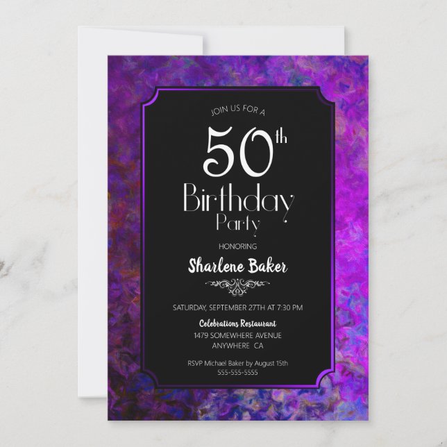 50th Birthday Purple and Black Party Invitation (Front)
