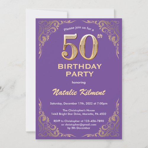 50th Birthday Purple and Gold Glitter Frame Invitation
