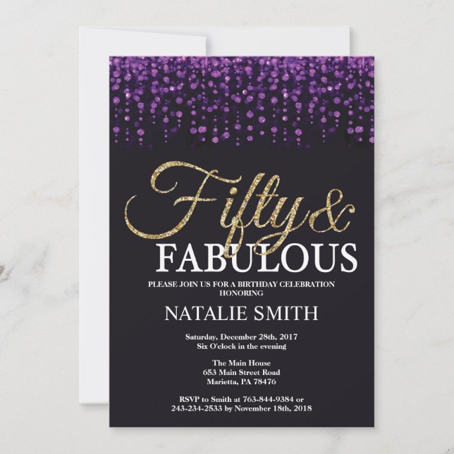 50th Birthday Purple and Gold Glitter Invitation (Front)