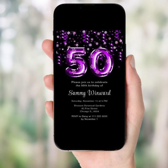 50th Birthday Purple Balloons Snowflake Confetti Invitation (Front Digital)