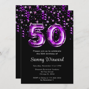 50th Birthday Purple Balloons Snowflake Confetti Invitation