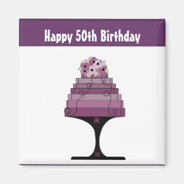 50th Birthday - Purple Designer Cake Magnet (Front)