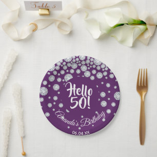 50th birthday purple diamonds hello 50 paper plates