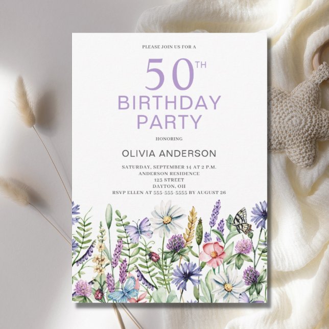 50th Birthday Purple Floral Botanical Invitation (Creator Uploaded)