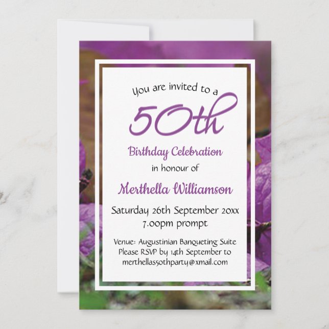 50th Birthday Purple Floral Personalized Invitation (Front)