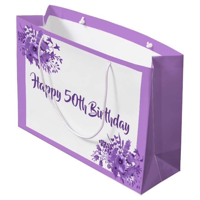 50th birthday purple florals large gift bag (Back Angled)