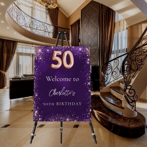 50th birthday purple glitter sparkles welcome foam board