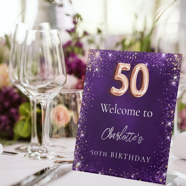 50th birthday purple glitter sparkles welcome pedestal sign (Creator Uploaded)