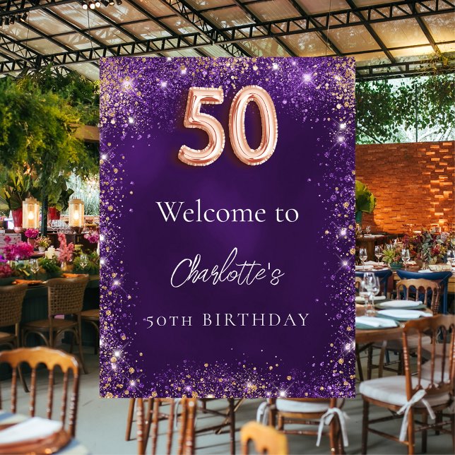 50th birthday purple glitter sparkles welcome poster (Creator Uploaded)