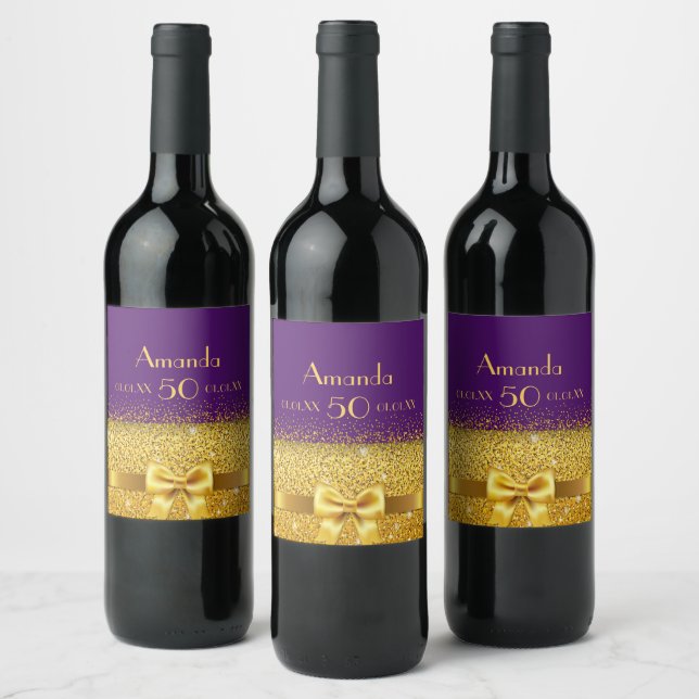 50th birthday purple gold bow name wine label (Bottles)