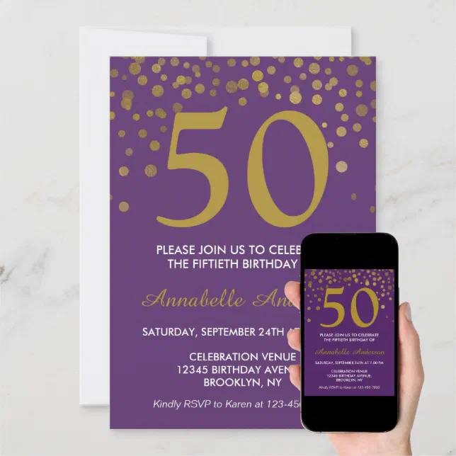 50th Birthday Purple Gold Confetti Dot Retro Chic Invitation | Zazzle