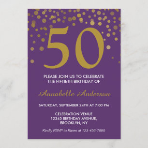 50th Birthday Purple Gold Confetti Dot Retro Chic Invitation