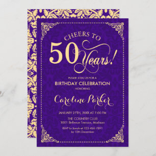 50th Birthday - Purple Gold Damask Invitation