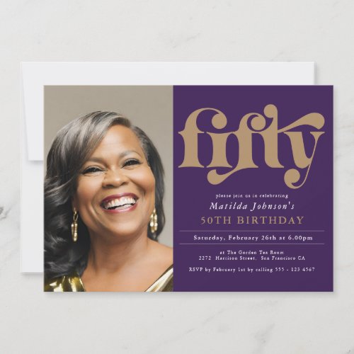 50th Birthday Purple Gold Elegant Simple Photo Invitation