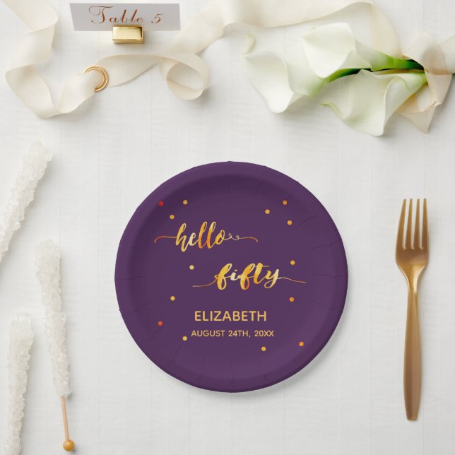 50th birthday purple gold hello 50 typography paper plates (Wedding)