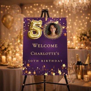 50th Birthday purple gold stars photo welcome Foam Board