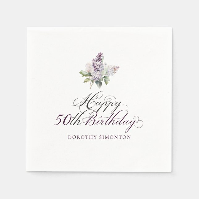 50th Birthday Purple Lilac Spring Flower Cocktail Napkins (Front)