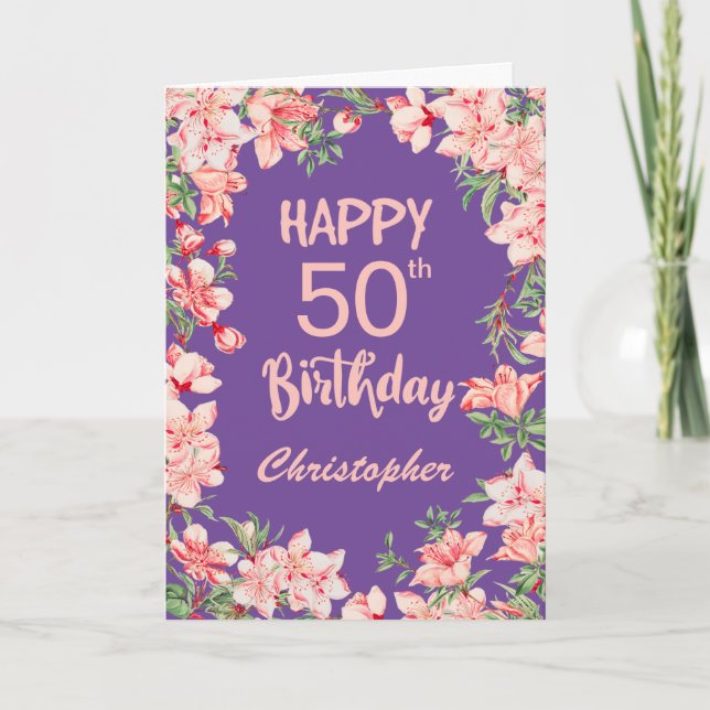 50th Birthday Purple Pink Peach Watercolor Floral Card (Front)