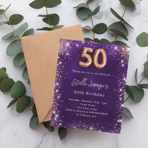 50th Birthday purple rose gold invitation
