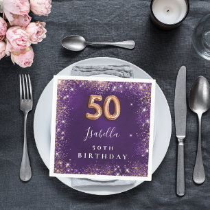 50th birthday purple rose gold sparkles name napkins