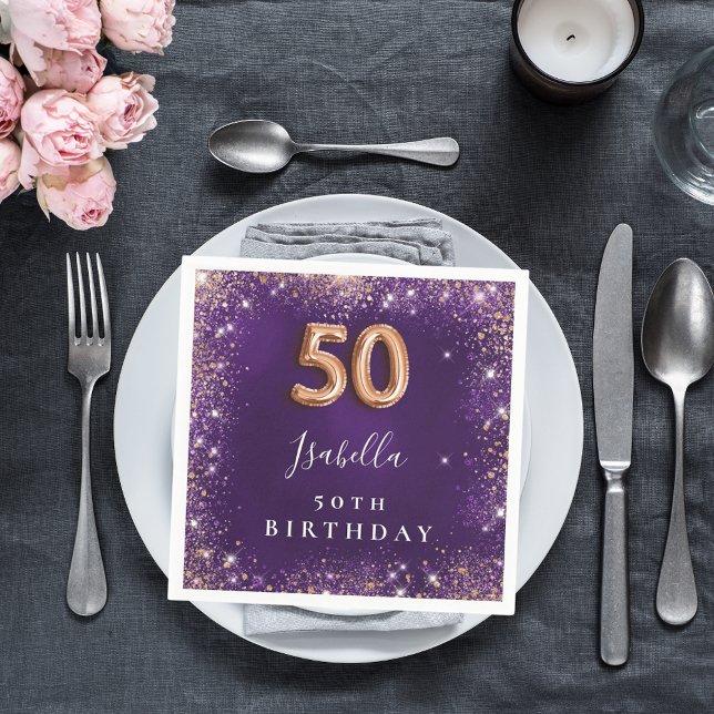 50th birthday purple rose gold sparkles name napkins (Creator Uploaded)