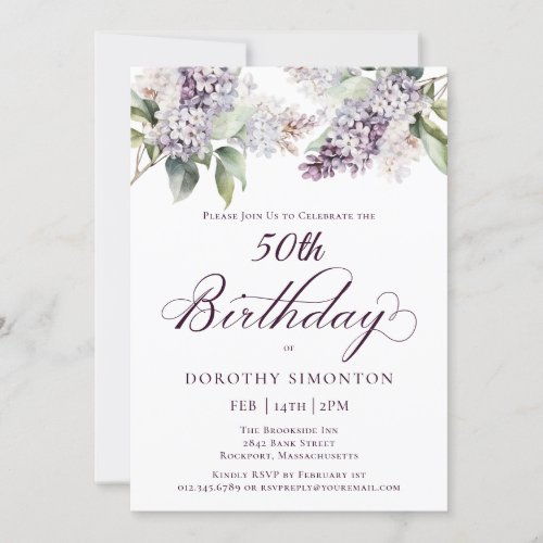 50th Birthday Purple Spring Lilac Flower Invitation