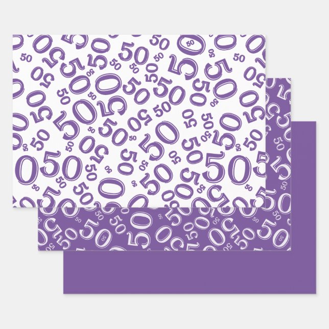 50th Birthday Purple & White Random Number Pattern Wrapping Paper Sheets (Set)