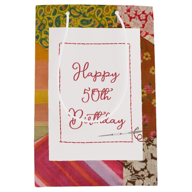 50th Birthday Quilt Pattern with Needle Medium Gift Bag (Front)