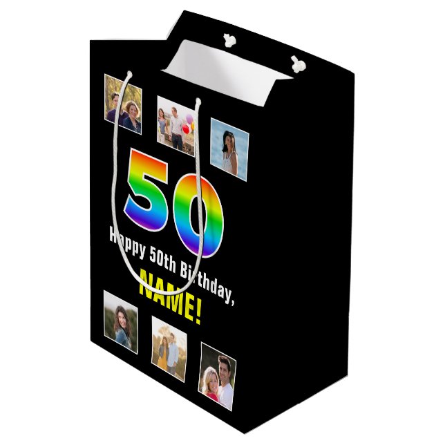 50th Birthday: Rainbow “50“, Custom Photos & Name Medium Gift Bag (Back Angled)