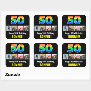 50th Birthday: Rainbow “50”; Custom Photos & Name Square Sticker