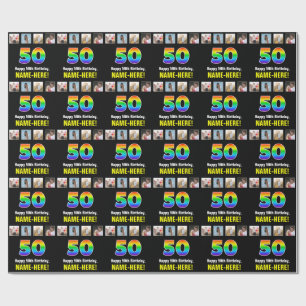 50th Birthday: Rainbow “50“; Custom Photos & Name Wrapping Paper