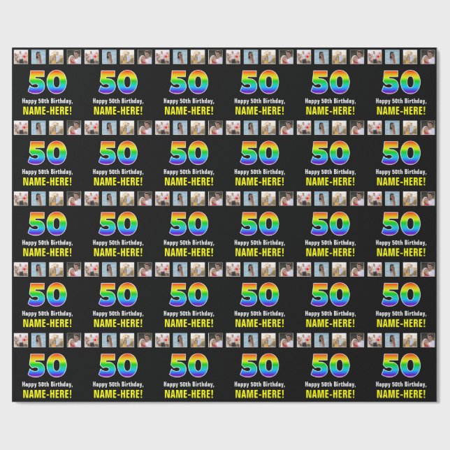 50th Birthday: Rainbow “50“; Custom Photos & Name Wrapping Paper (Flat)