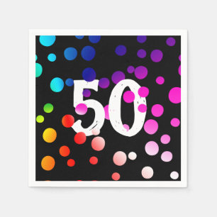 50th Birthday Rainbow Dots on Black Napkins