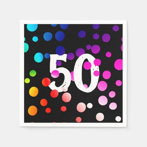 50th Birthday Rainbow Dots on Black  Napkins