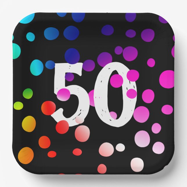50th Birthday Rainbow Dots on Black  Paper Plates (Front)