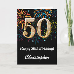 50th Birthday Rainbow Fireworks Black and Gold Card
