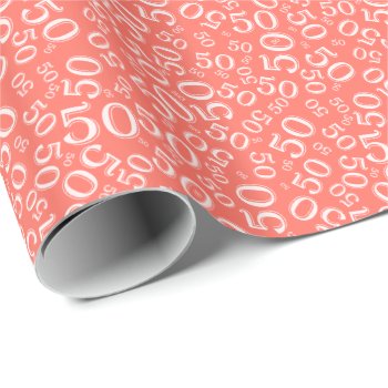 50th Birthday Random Number Pattern Coral/white Wrapping Paper by NancyTrippPhotoGifts at Zazzle