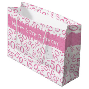 50th Birthday Random Number Pattern Pink/White Large Gift Bag
