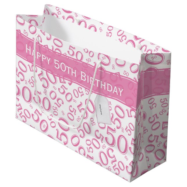 50th Birthday Random Number Pattern Pink/White Large Gift Bag (Front Angled)