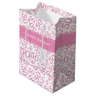 50th Birthday Random Number Pattern Pink/White Medium Gift Bag