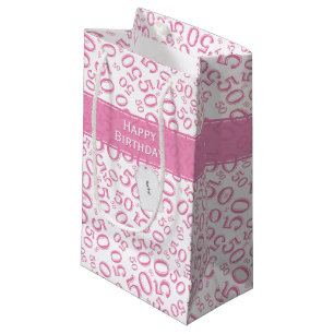50th Birthday Random Number Pattern Pink/White Small Gift Bag