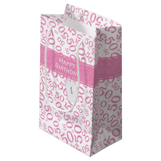 50th Birthday Random Number Pattern Pink/White Small Gift Bag (Front Angled)